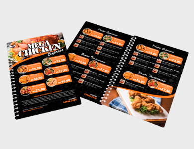 Cardápio Espiral com 16 Páginas em PVC 0,5mm Fosco Frente e Verso 13,6x21,1cm - 4x4 - 10 unid