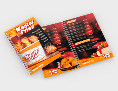 Cardápio Wire-o com 8 Páginas em PVC 0,3mm Verniz Total Frente e Verso 13,6x21,1cm - 4x4 - 100 unid